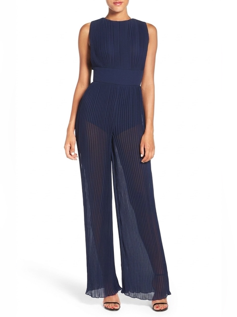 Misha Collection Larissa Navy Blue Wide Leg Sheer Pleated Jumpsuit Size Us 4